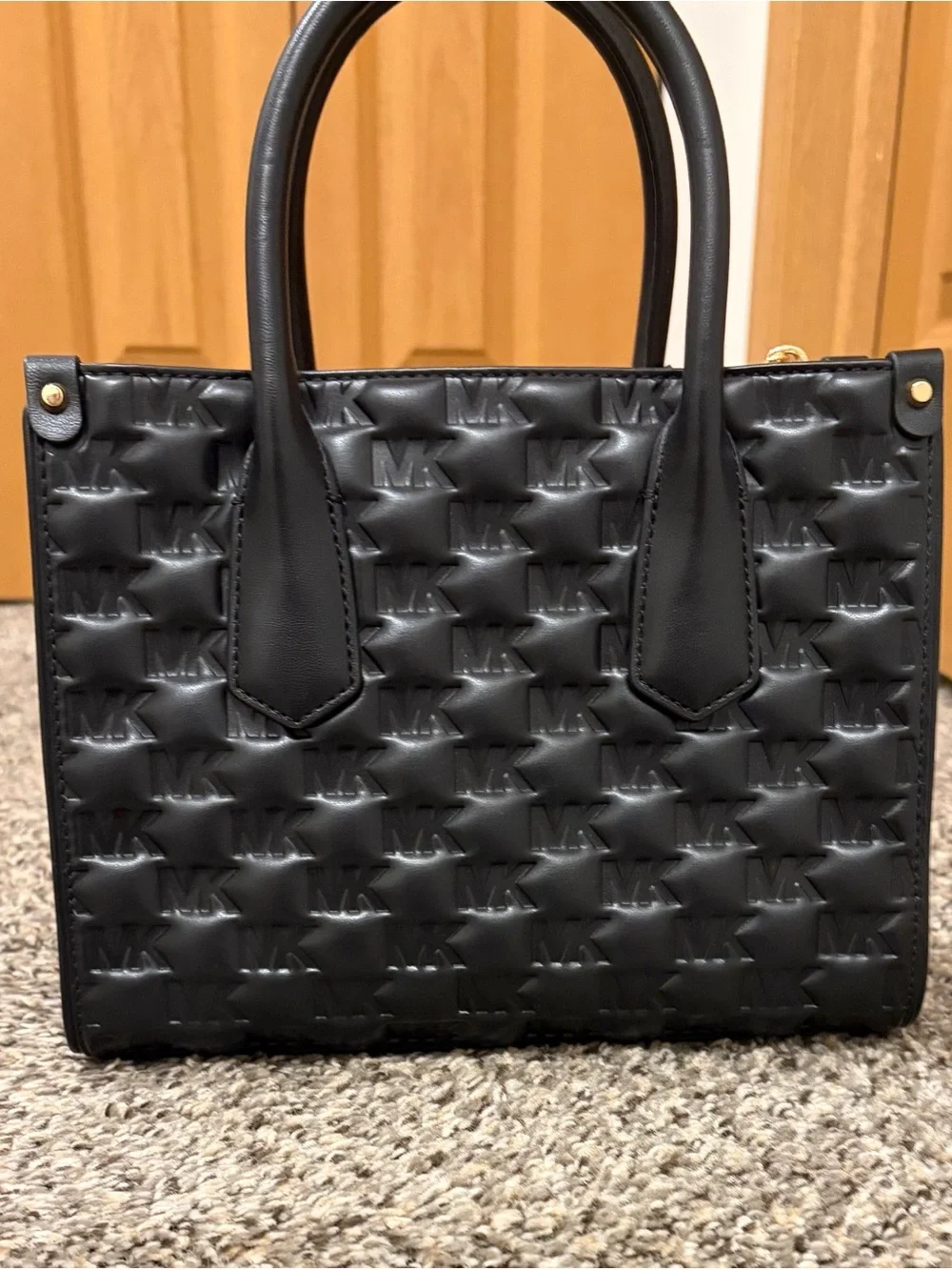 Michael Kors Black Quilted MK Logo Satchel with Gold Hardware